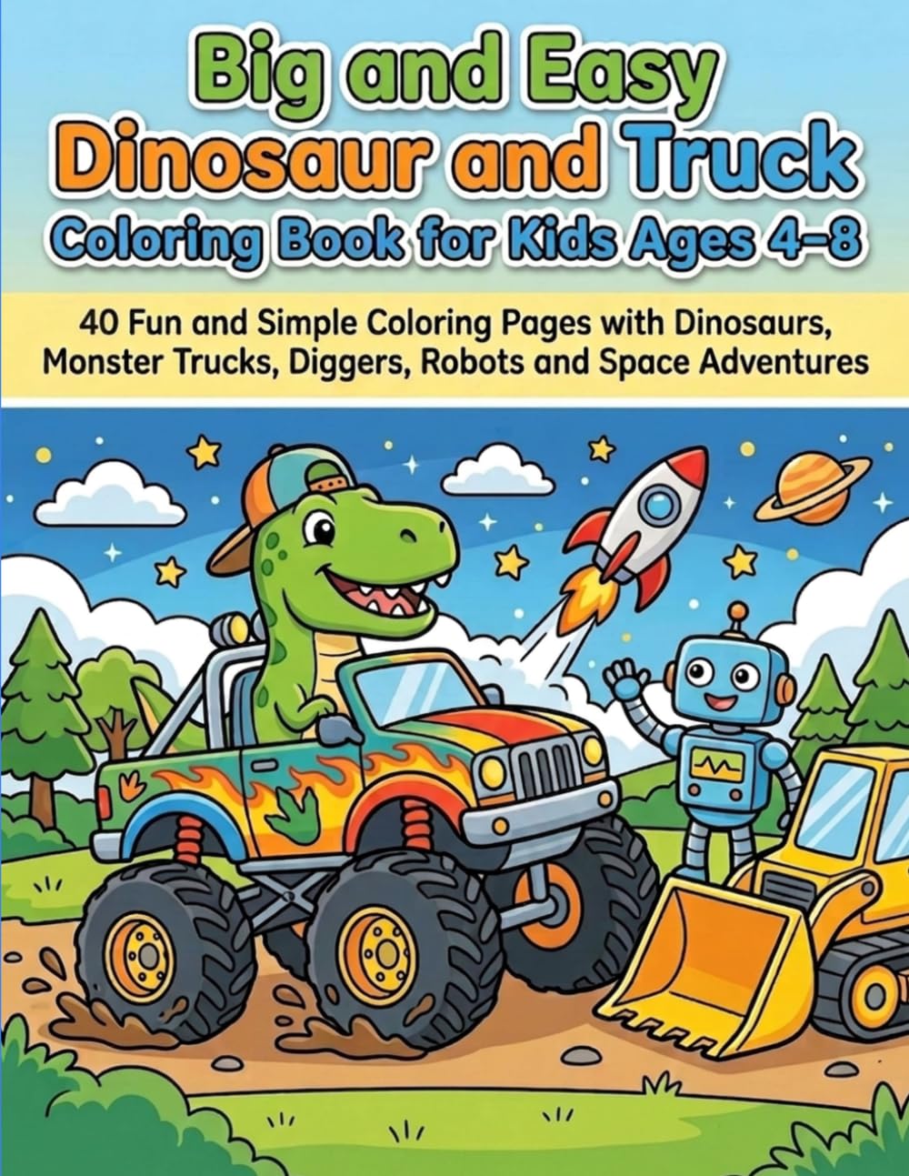 Big and Easy Dinosaur and Truck Coloring Book for Kids Ages 4–8: 40 Fun and Simple Coloring Pages with Dinosaurs, Monster Trucks, Diggers, Robots and ... Adventures (Big and Easy Coloring Adventures)