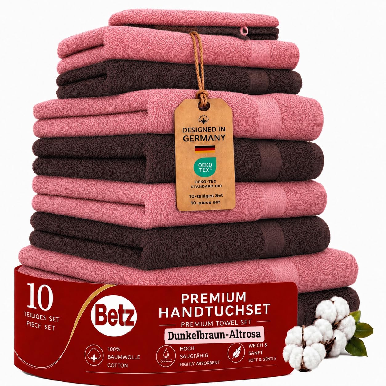 Betz 10-częściowy zestaw ręczników premium 100% bawełna 2 ręczniki kąpielowe 4 ręczniki do rąk 2 ręczniki dla gości 2 rękawice do mycia kolor ciemny brązowy i brudny róż