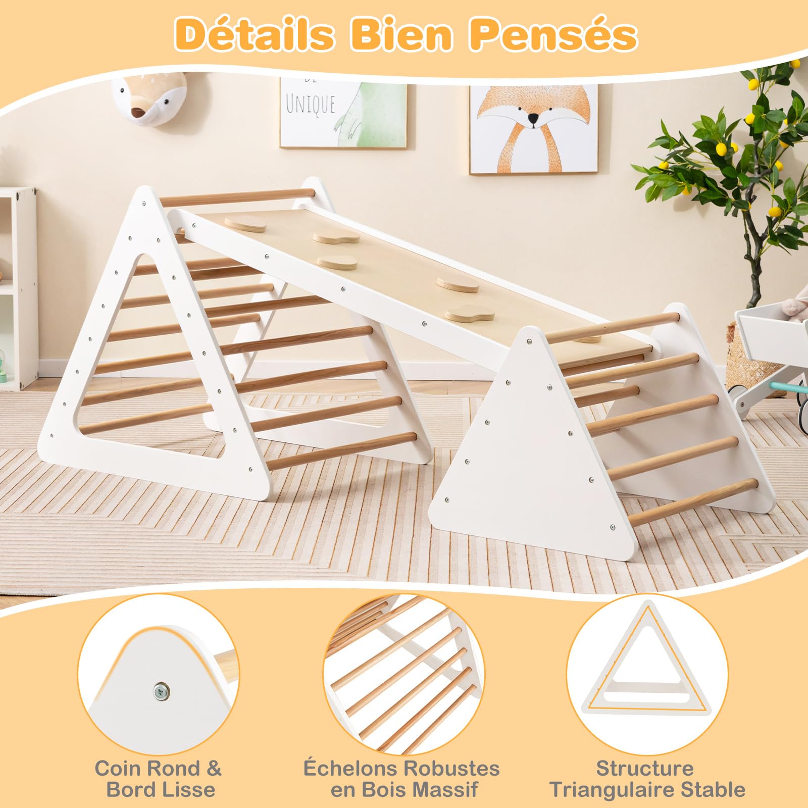COSTWAY Triangle D'Escalade Avec Échelle Pour Enfant En Bois Surface Bien Lisse Pour Garcons Et Filles 6 Mois 6 Ans Naturel