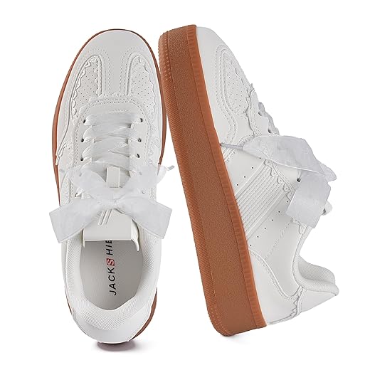 JACKSHIBO Women's Ribbon Lace-Up Fashion Platform Chunky Sneakers Arch Support Gum Sole Tennis Walking Shoes with Memory Foam