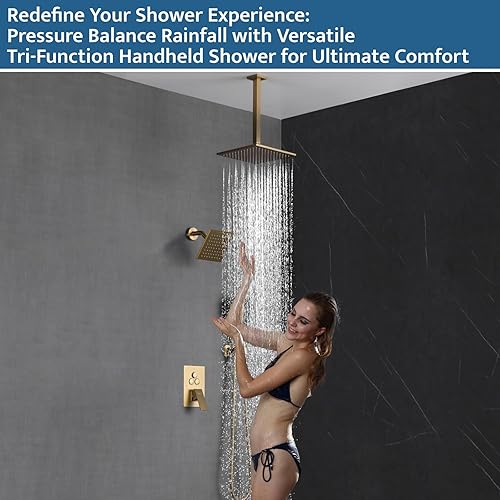 Miniatura 6 de Sistema de ducha dorado cepillado para montaje en techo, accesorios de ducha desviadores de botón con cabezal de ducha 3 en 1, cabezal de ducha de