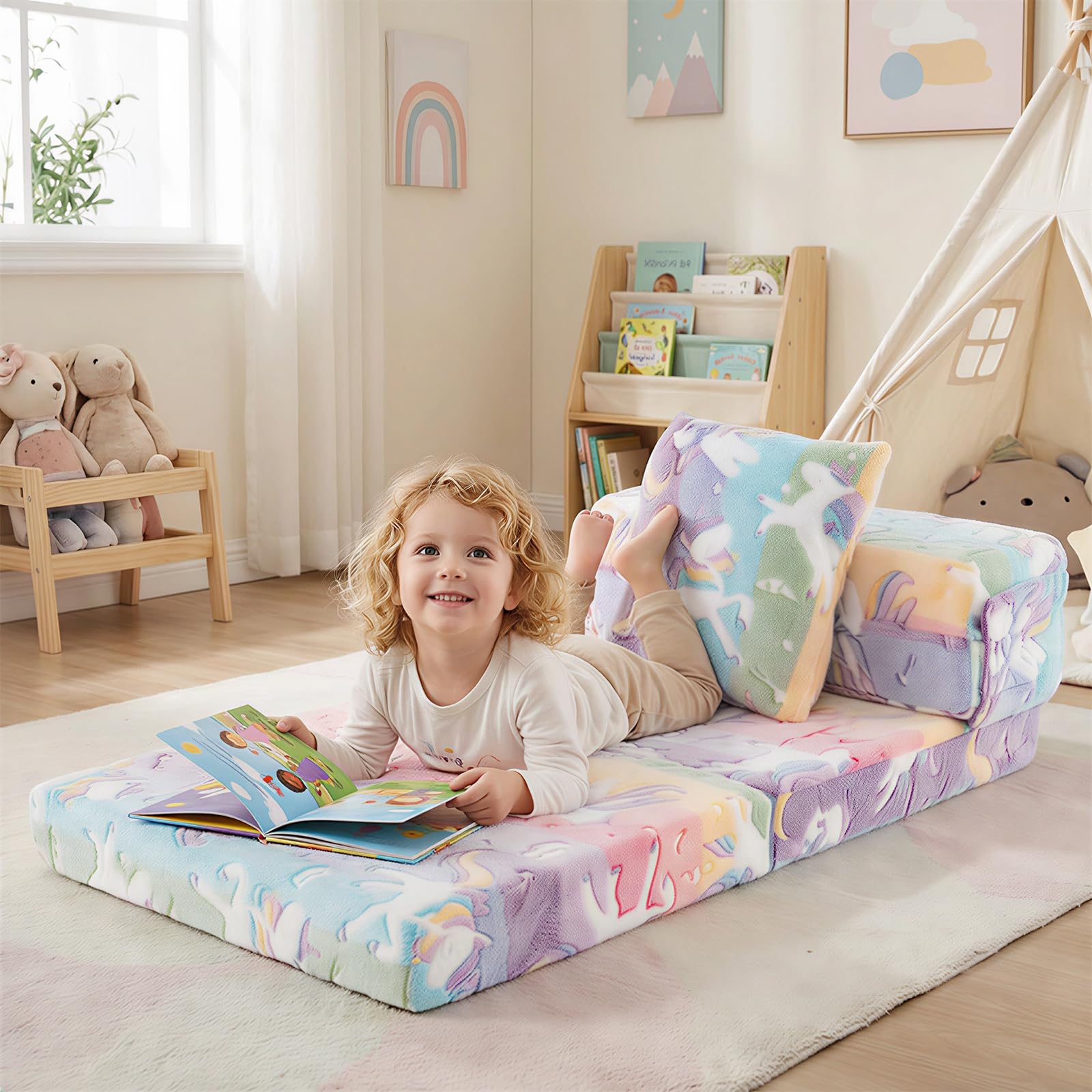 COSTWAY Sofa dziecięca 3 w 1 świecąca w ciemności, składany fotel z poduszką i zdejmowanym pokrowcem, wyściełana sofa do zabawy z funkcją spania do pokoju dziecięcego, kolorowy