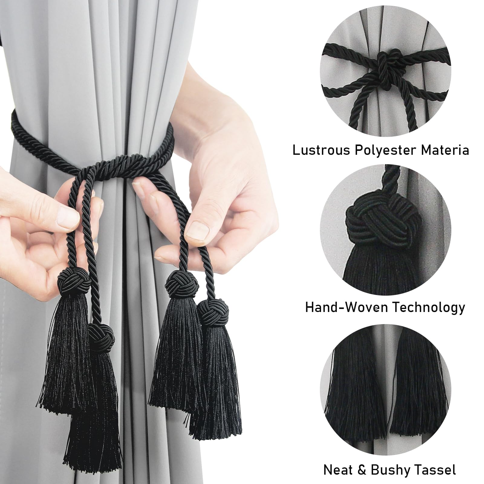 Eleganti fermatende decorativi in corda per tende per tende tessuti a mano con nappa, nero, confezione da 6