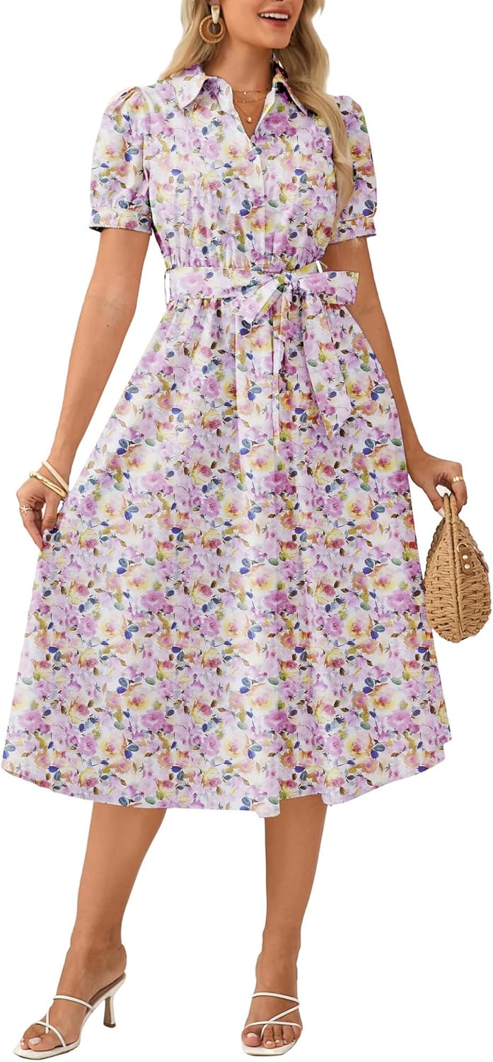 GRACE KARIN Womens Cotton Summer Boho Midi Dresses 2026 Puff Sleeve Shirt Dress Flowy Floral Wedding Guest Dress with Pocket