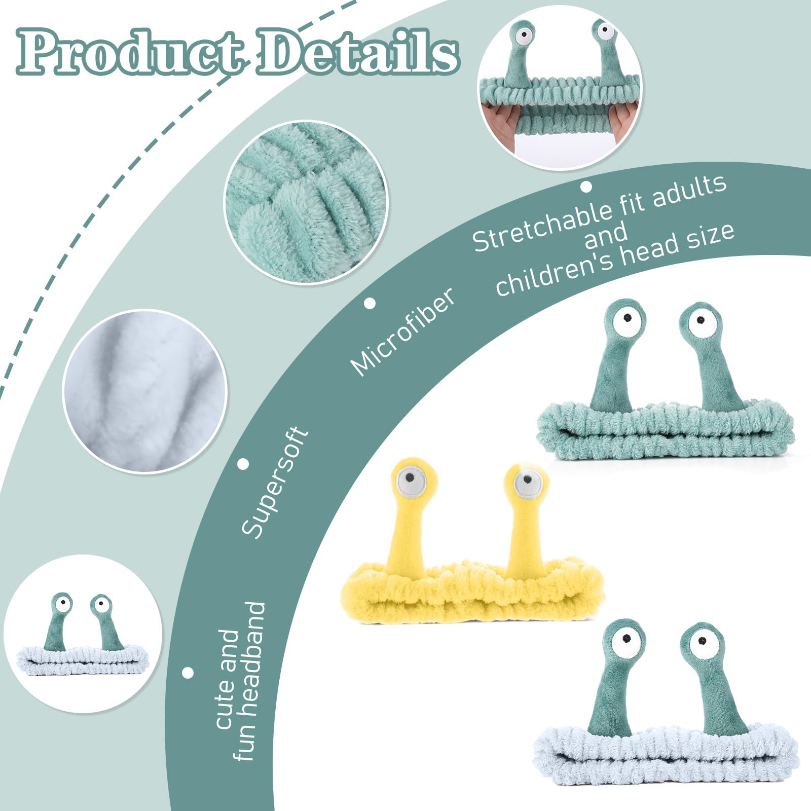 KFHENSOMR 3Pcs Face Wash Headband Snail Spa Hair Bands Cute Makeup Headbands Women Cartoon Creative Hair Accessories Elastic Coral Fleece Fun Gifts for Washing Face Shower Beauty Skincare - Image 3