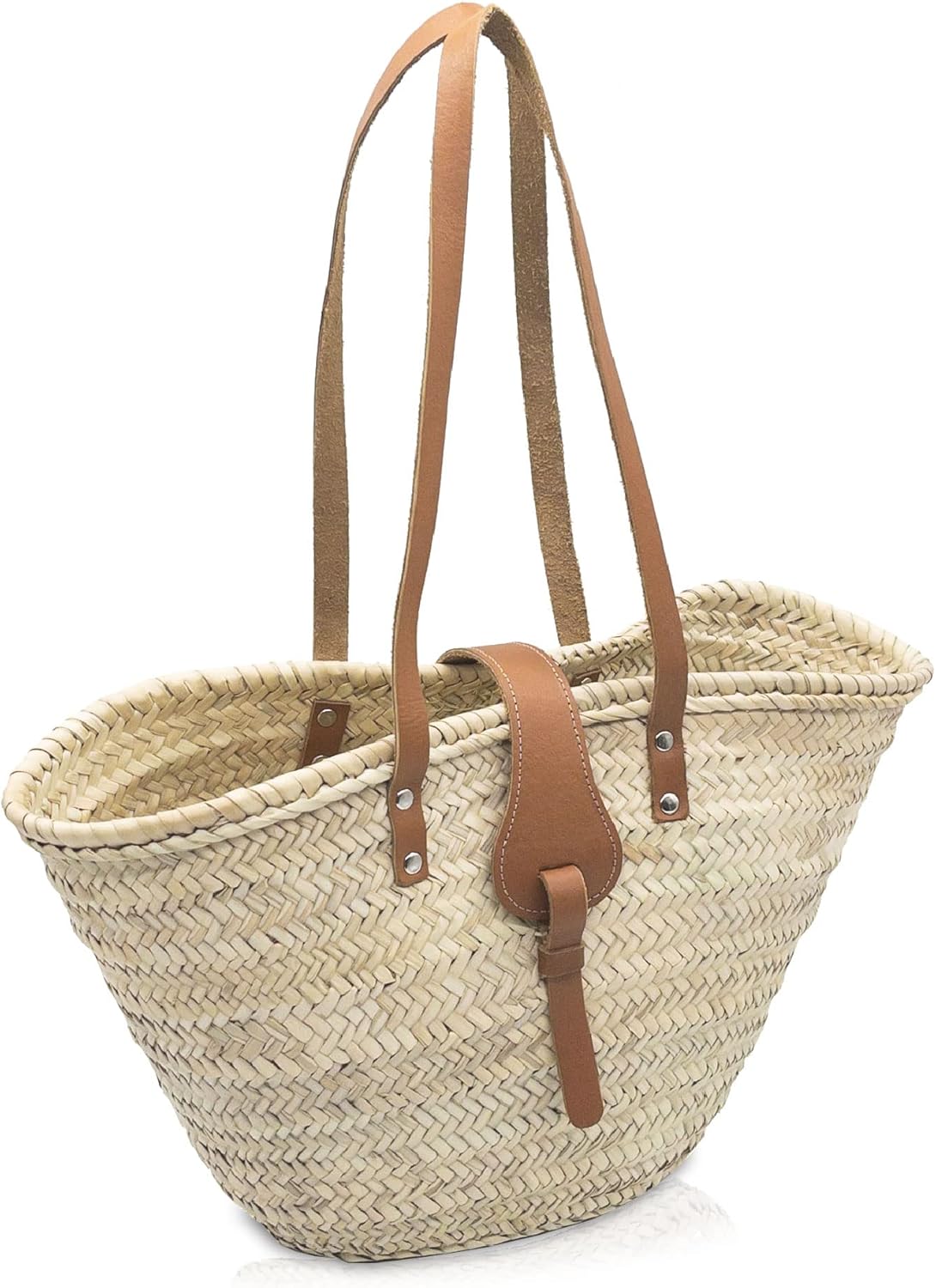 FRENCH BASKET Straw Beach Tote Bag with Leather Handles, Canvas Pouch & Zip Closure, Moroccan Market Basket for Summer