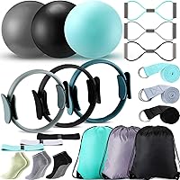 Vista 12 de Poen Juego de anillos de pilates y pelota para mujer, anillo de pilates, bola circular con correa de estiramiento, 8 bandas de resistencia