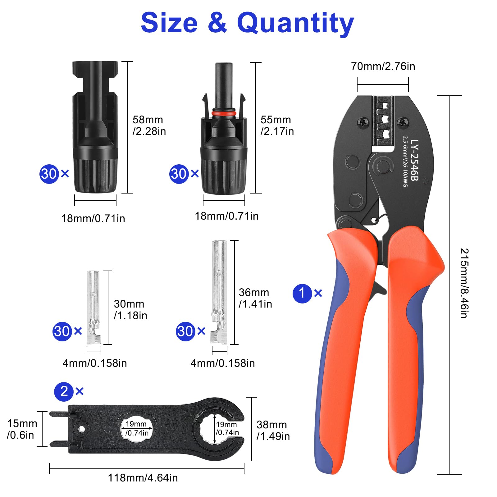 Kit de herramientas de crimpado solar con 60 conectores solares, 1 par de llaves inglesas de conector solar, 1 pelacables de alambre, herramienta de crimpado para montaje de extensión de cable de