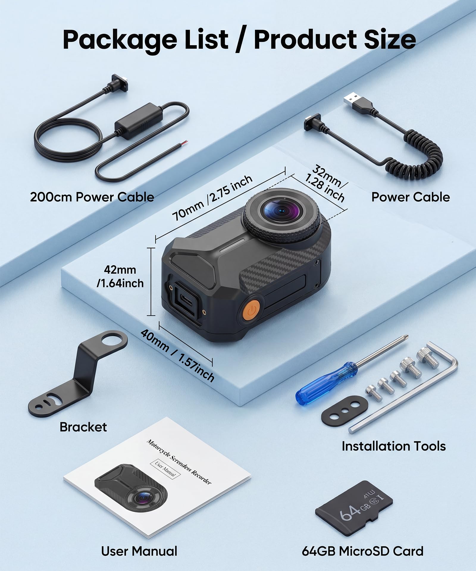 Enregistreur de Conduite pour Moto 1080P Full HD, sans Écran, Compact, Étanche IP66, Angle de Vue 110°, Enregistrement en Boucle, Installation sans Perçage, Connexion Wi-FI et Bouton Photo Rapide