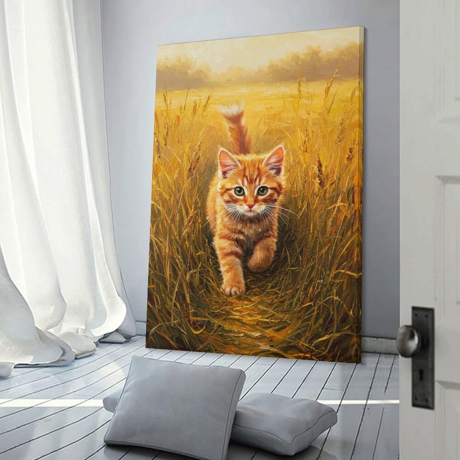 Junmoney Frame-Style-20 Canvas Art Print Ginger Kitten In Golden Field Painting, 12X18inch(30X45cm), For Contemporary Homes, Apartments Or Offices, Decorative Canvas Decor For Home Updates