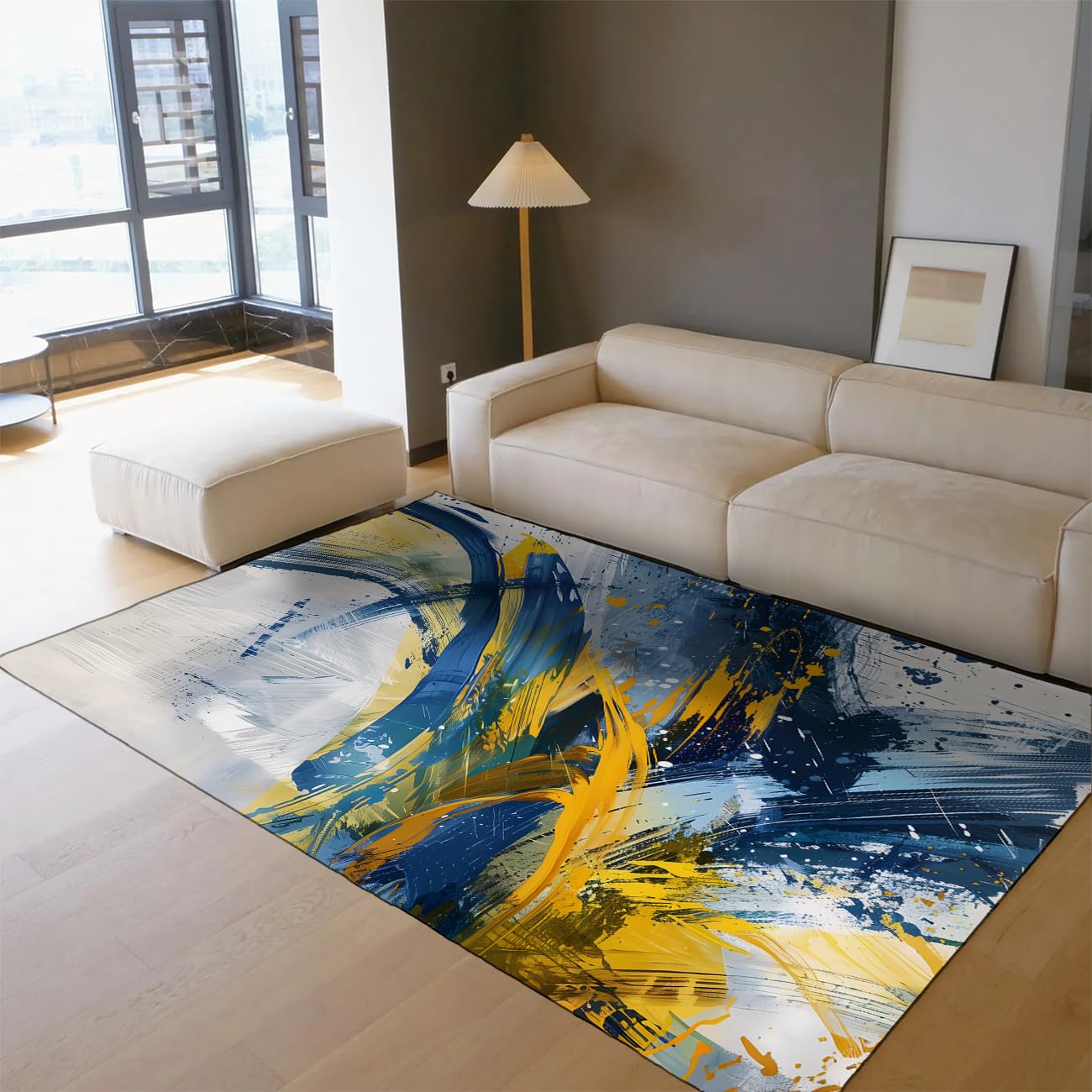 Tapis graffiti bleu jaune pop art antidérapant et grand tapis de sol lavable