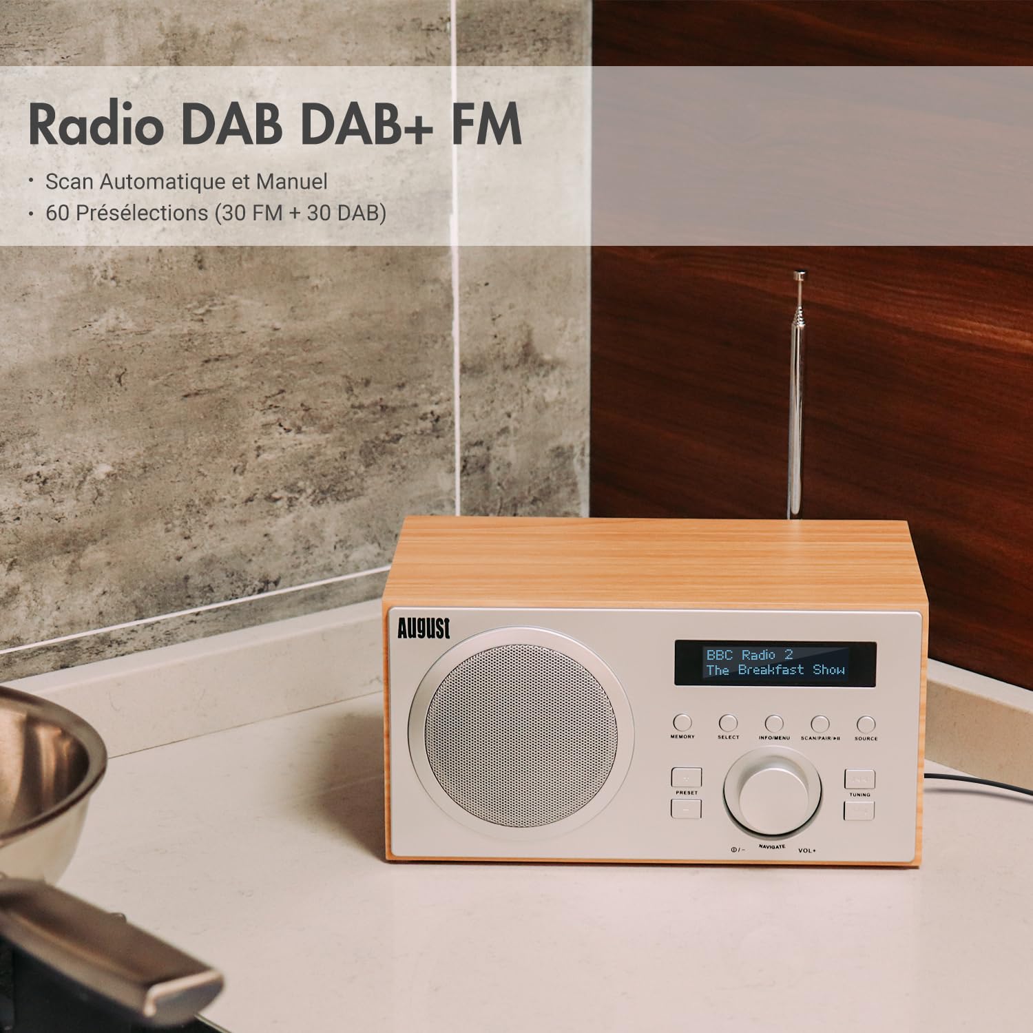 August MB420 Radio Dab Bluetooth, Radio Dab+/FM Numérique avec Double Réveil, 60 Présélections, Haut-Parleur HiFi 5W, Minuterie Sommeil, Snooze, USB & Entrée/Sortie AUX, Secteur pour Cuisine & Maison