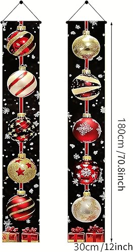 Miniatura 2 de Pancartas navideñas para porche de 71 x 12 pulgadas, pancarta colgante de bola roja y dorada, decoración de fondo de copo de nieve negro, letreros