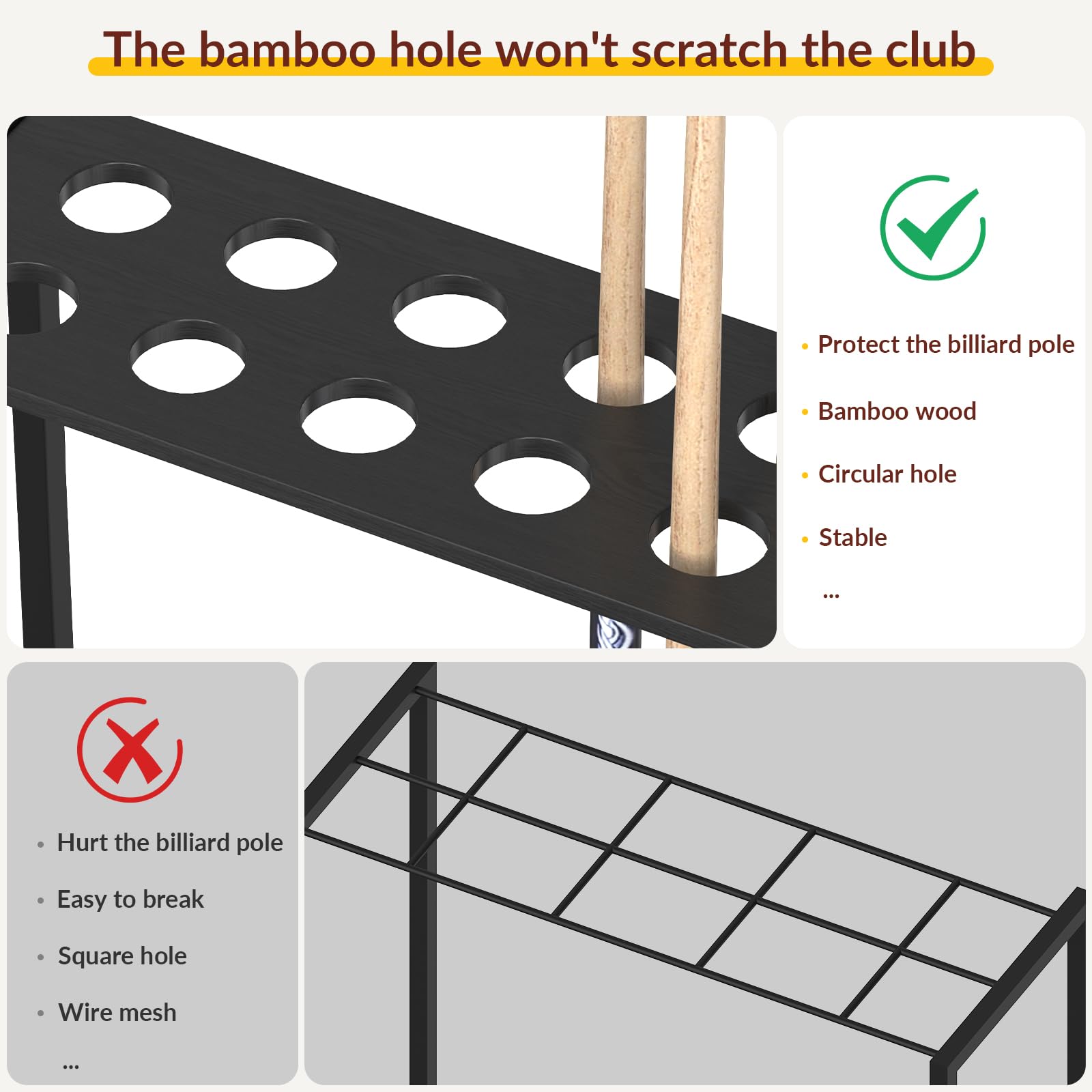 YBING Pool Stick Halter - Bambus Bodenständer Pool Queue Rack für 10 Sticks Pool Tisch Zubehör Billard Queue Stick hält Schwarz