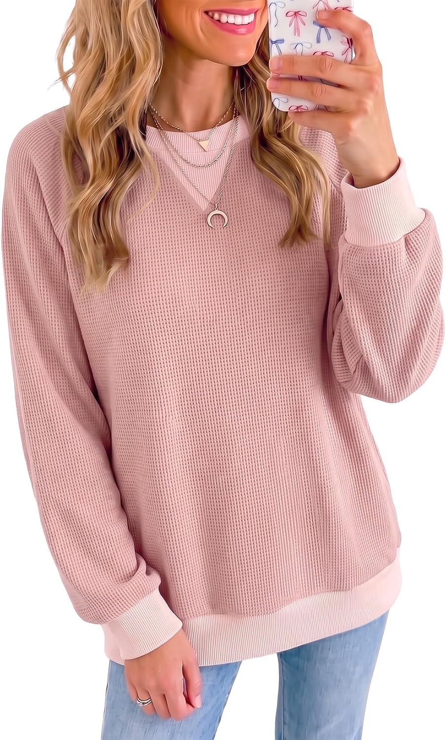 SHEWIN Women Sweaters Waffle Long Sleeves Shirts Tops Crewneck Sweatshirts
