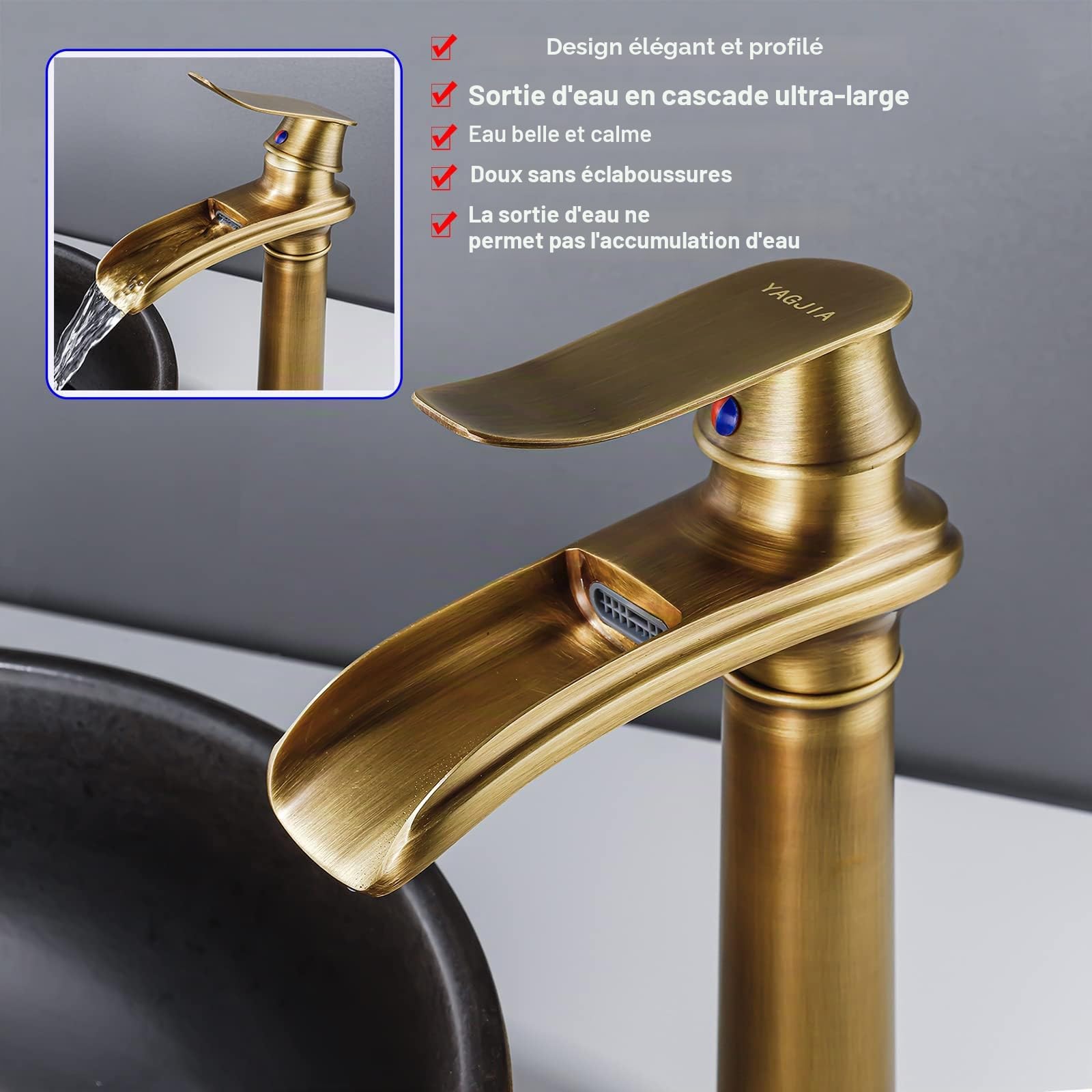Robinet de salle de bain haut antique, robinet de lavabo cascade rétro, robinets de lavabo en laiton, robinet de salle de bain à levier unique, bec haut pour salle de bain