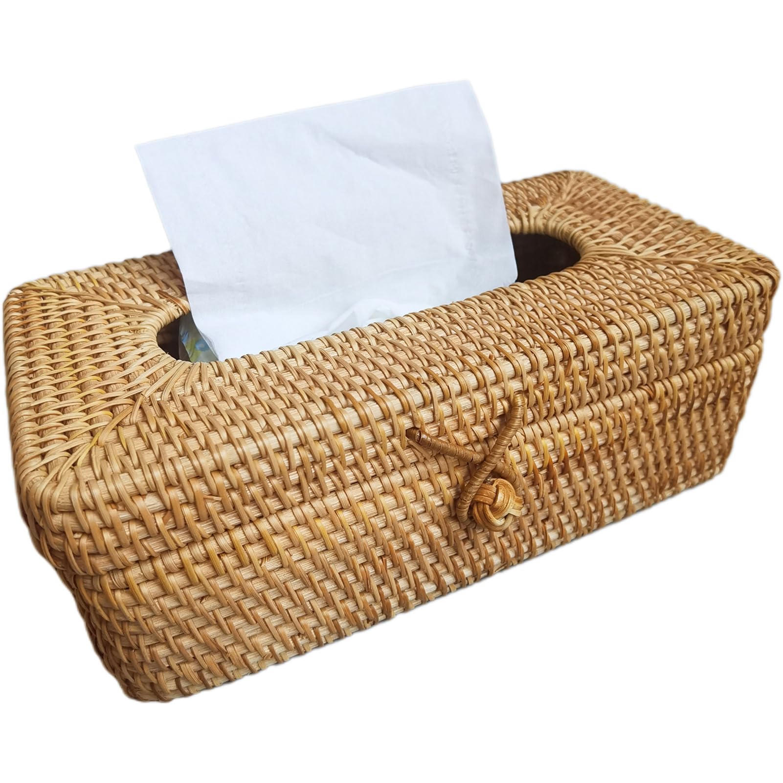 9.5 Inch Natural Rattan Tissue Box Cover Rectangular with Hinged Top Lid and Bead, Boho Woven Facial Napkin Holder, Decorative Napkin Dispenser Holder Organizer for Dresser Bathroom Décor