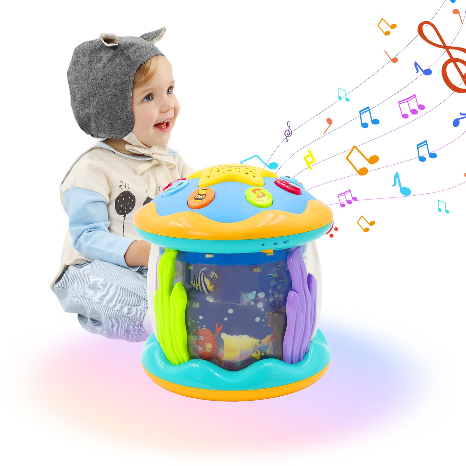 Kikuo Children Musical Drum, Projector Music Toy Light Up Toys, Early Learning Baby Drum Toy