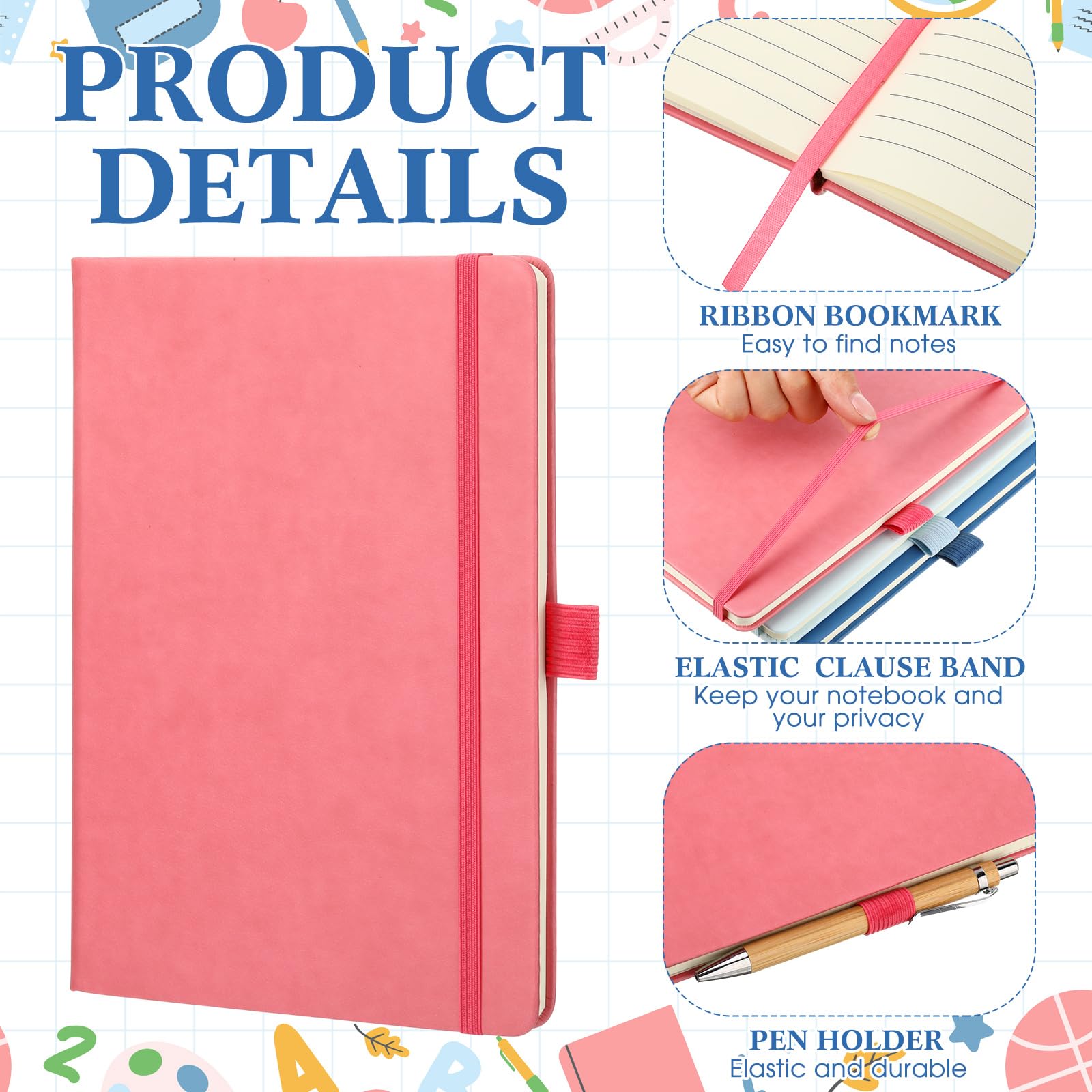 Laumoi Paquete de 14 cuadernos rayados de 5.5 x 8.2 pulgadas, cuaderno de tapa dura A5, bloc de notas con rayas universitarias con soporte para bolígrafo, diarios rayados de piel sintética para