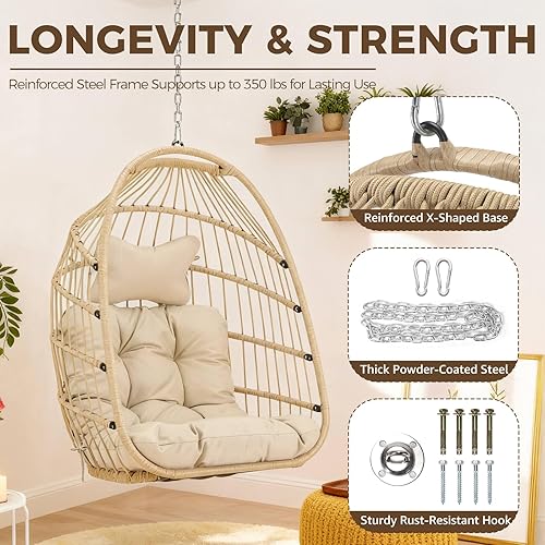 Miniatura 7 de NICESOUL Silla de huevo sin soporte para interiores y exteriores, cómoda silla colgante de mimbre para patio con cojín, hamaca columpio de 350