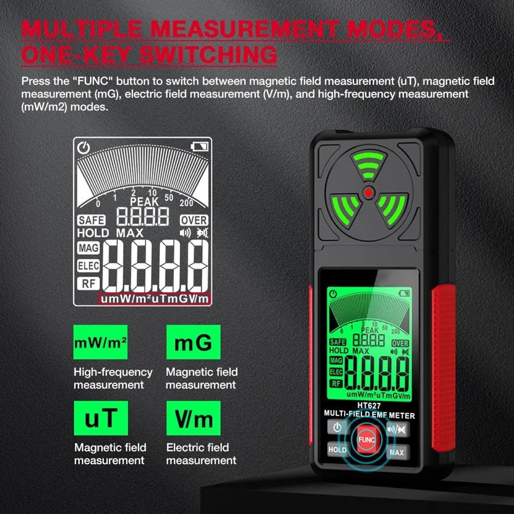 Medidor EMF multifuncional, detecta WiFi, señales 5G y radiación electromagnética de electrodomésticos con pantalla LCD transparente