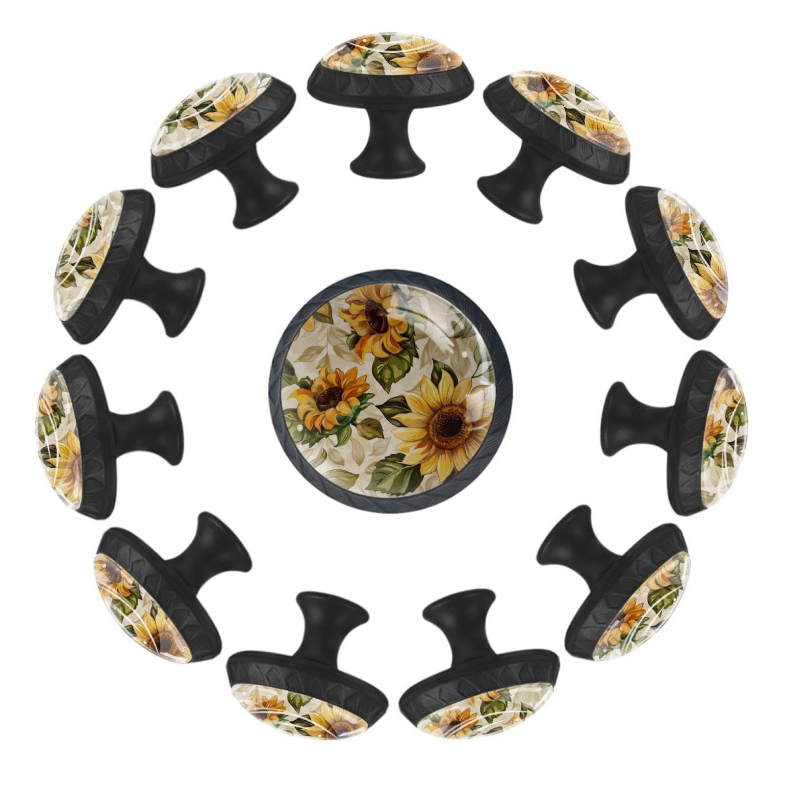 Lot de 12 boutons de tiroir en verre cristal transparent à motif tournesol pour vos meubles