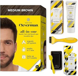 Cleverman Hair & Beard Dye Kit for Men, All-in-One Reusable Mens Hair Color, Natural Gray Coverage, Ammonia-Free Beard Mustache Dye for Men (Medium Brown)