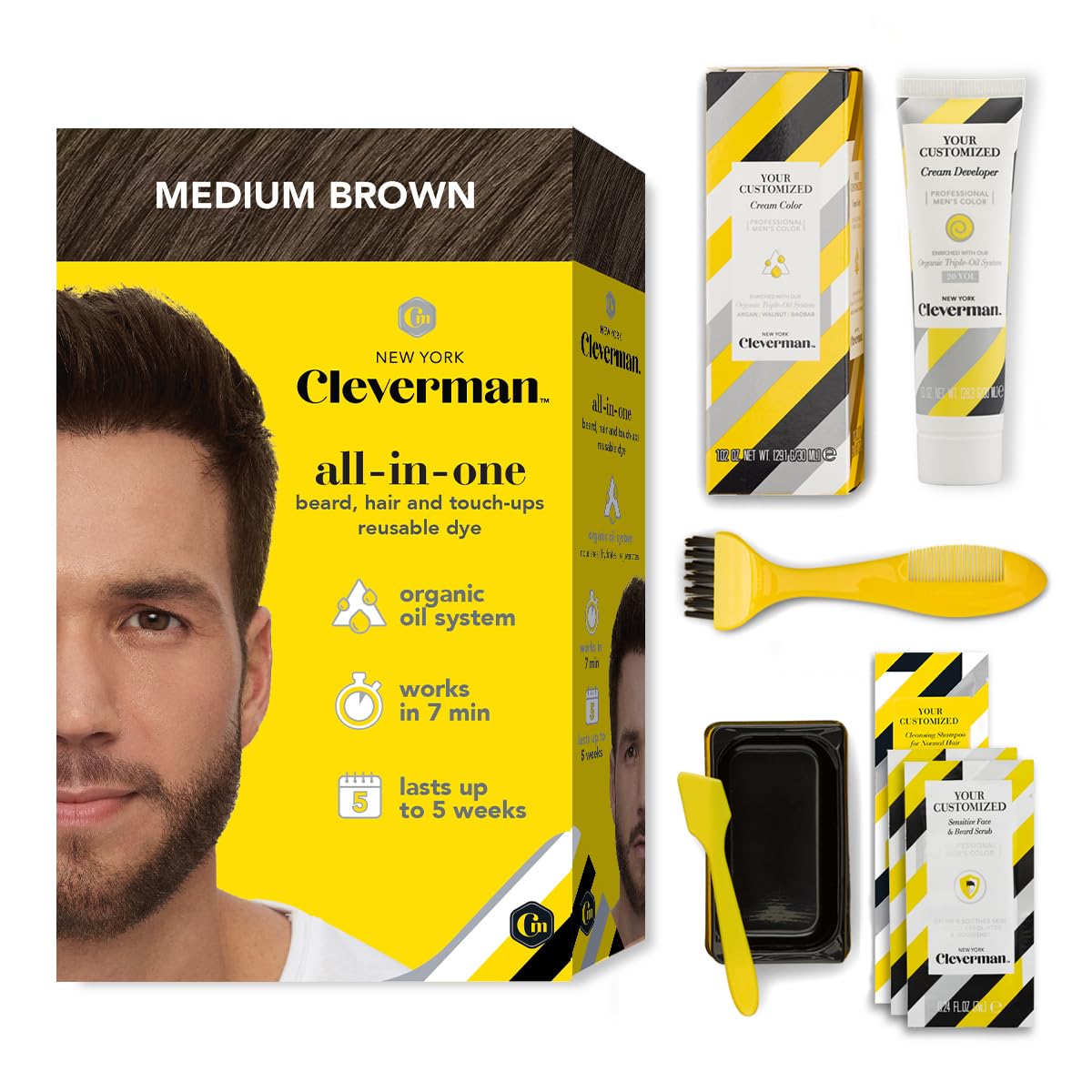 Cleverman Hair & Beard Dye Kit for Men, All-in-One Reusable Mens Hair Color, Natural Gray Coverage, Ammonia-Free Beard Mustache Dye for Men (Medium Brown)