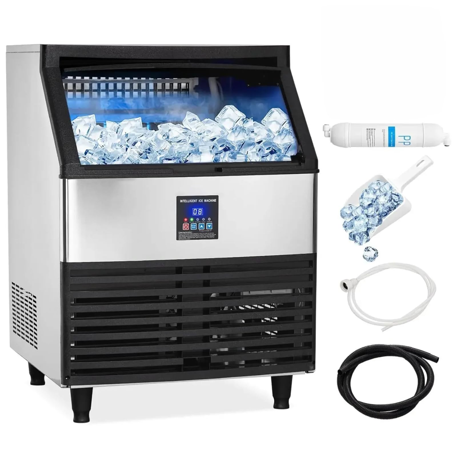 Macchina per il ghiaccio commerciale, Macchina per il ghiaccio in acciaio inox temprata, 500w 120kg/24h Ghiaccio Macchina Professionale In 8-15 Minuti Schrata Lcd Storage 56kg Per Casa Ufficio