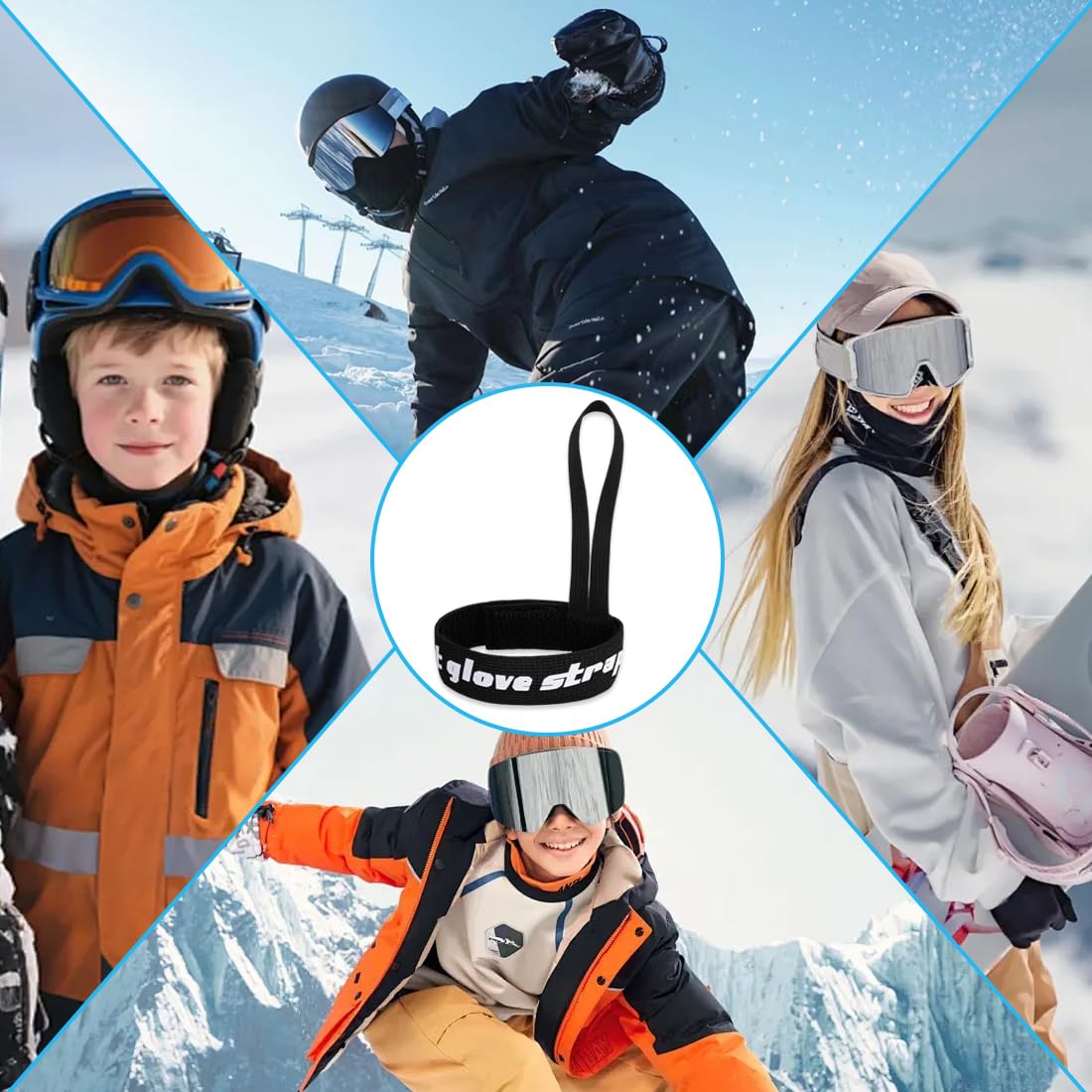 Lot de 4 sangles pour gants de ski avec sangle de sécurité en polyester, élastiques, design imprimé, accessoires de ski pour suspendre les gants
