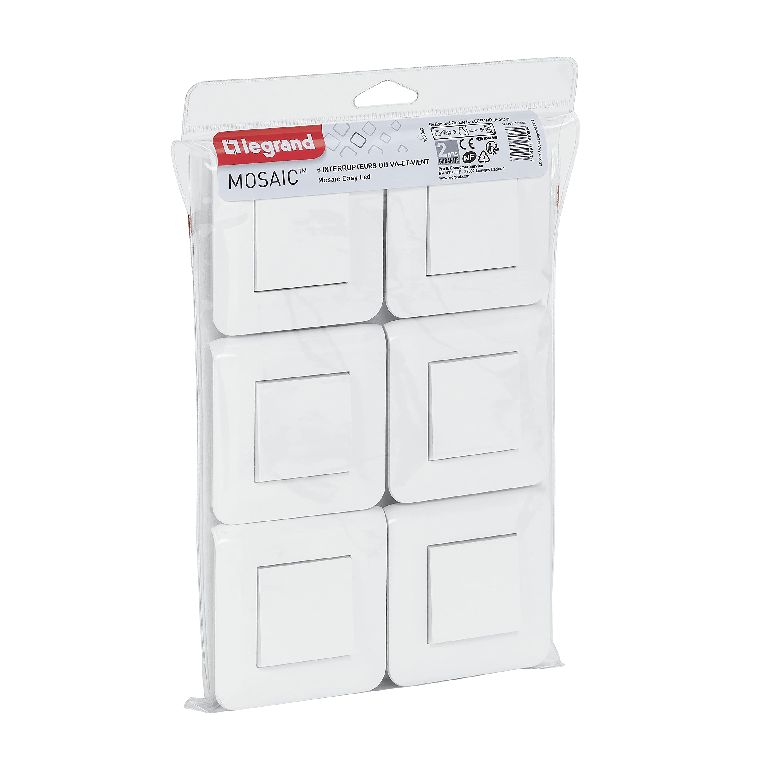 Legrand - Lot de 6 interrupteurs simple ou va-et-vient Mosaic 10A blanc complet avec plaque et fixation à vis