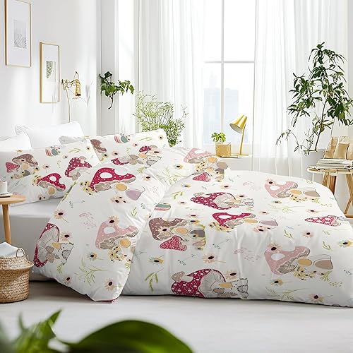 Miniatura 8 de Juego de ropa de cama con diseño de hongos rojos para niñas y mujeres, funda de edredón de hongos salvajes y hongos botánicos con hojas y hongos