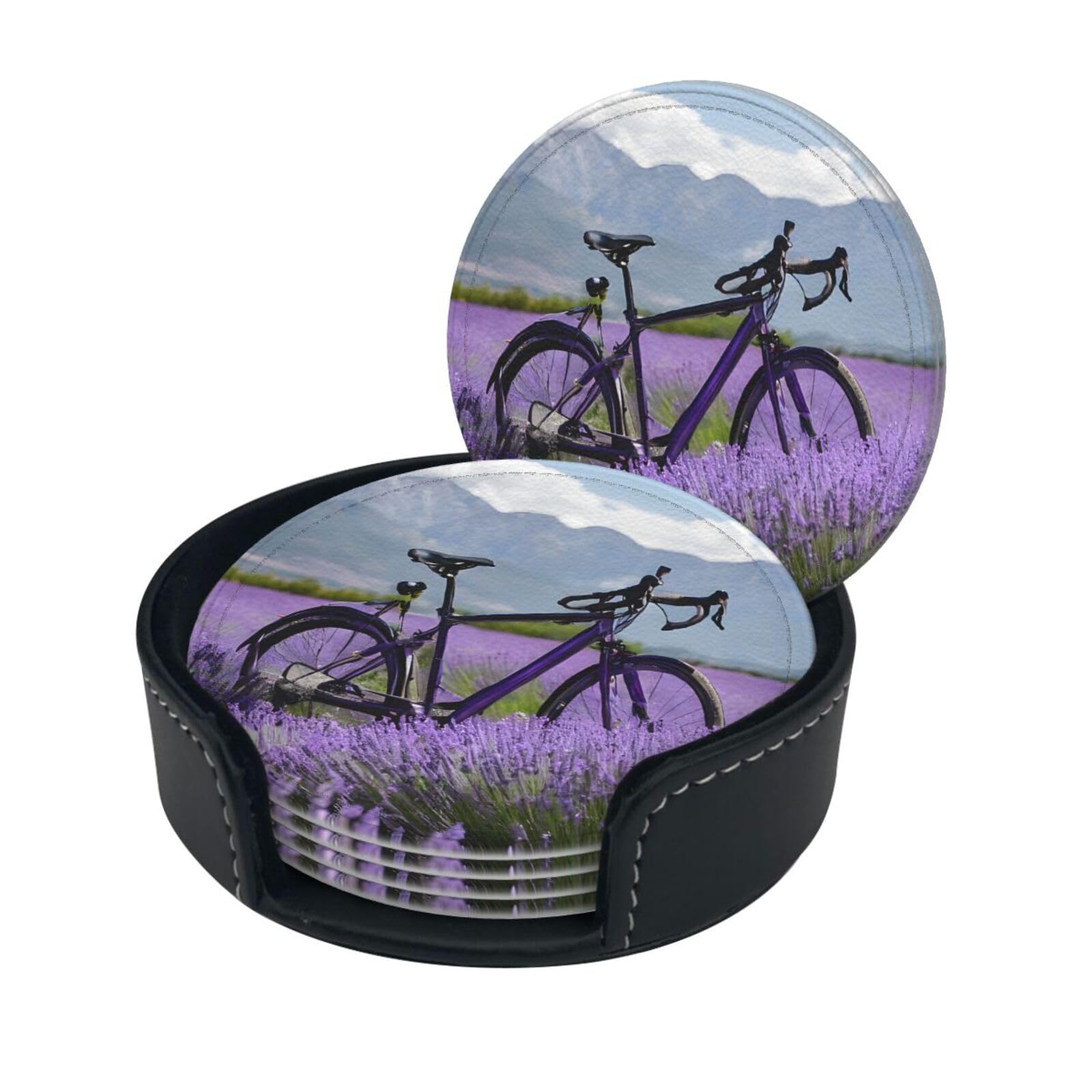 Lavender Field Retro Bike Agriculture Print Coaster,Round Leather Coasters with Storage Box for Wine Mugs,Cold Drinks and Cups Tabletop Protection (6 Piece)