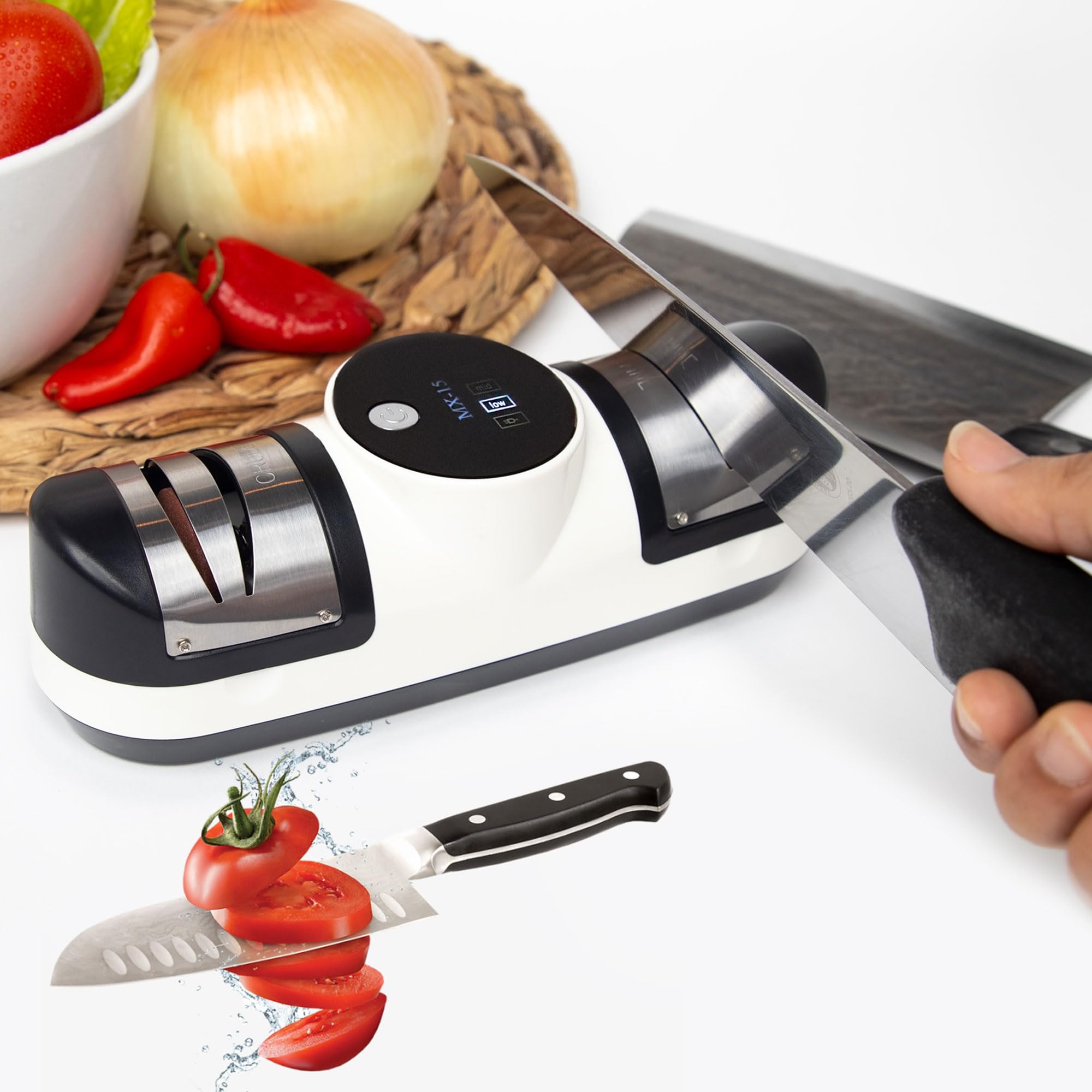 Electric Knife Sharpener – USB Rechargeable - 2 Stage Professional Kitchen Sharpener Machine for Knives - Restores and Polishes Blades - LCD Display – 3 Speeds - White/Black