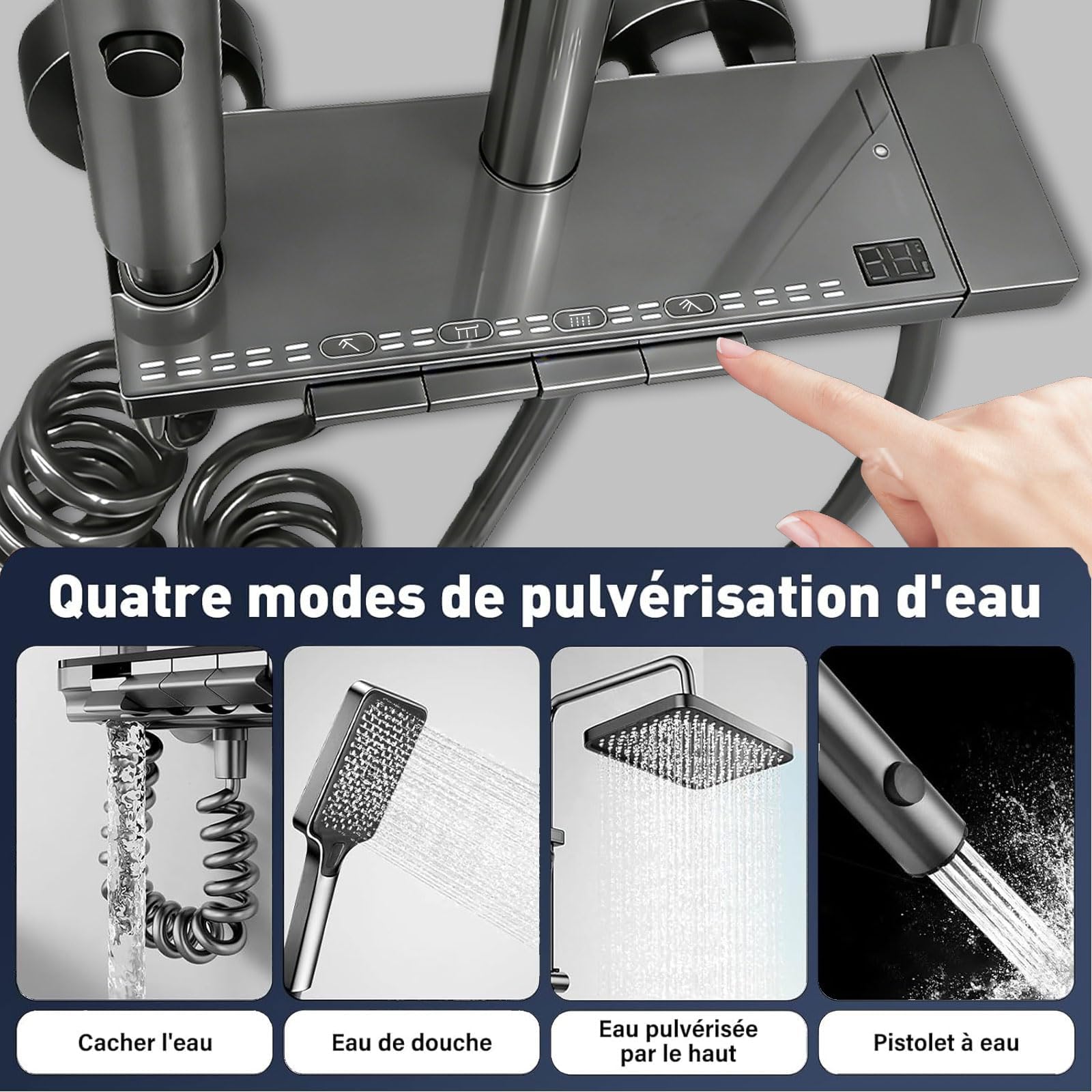 Colonne de Douche Thermostatique Titanium 4 en 1 | Colonne de Douche avec Mitigeur | Écran LED | Effet Pluie 30cm | Hauteur Réglable 83-110cm, pour Baignoire et Salle de Bain
