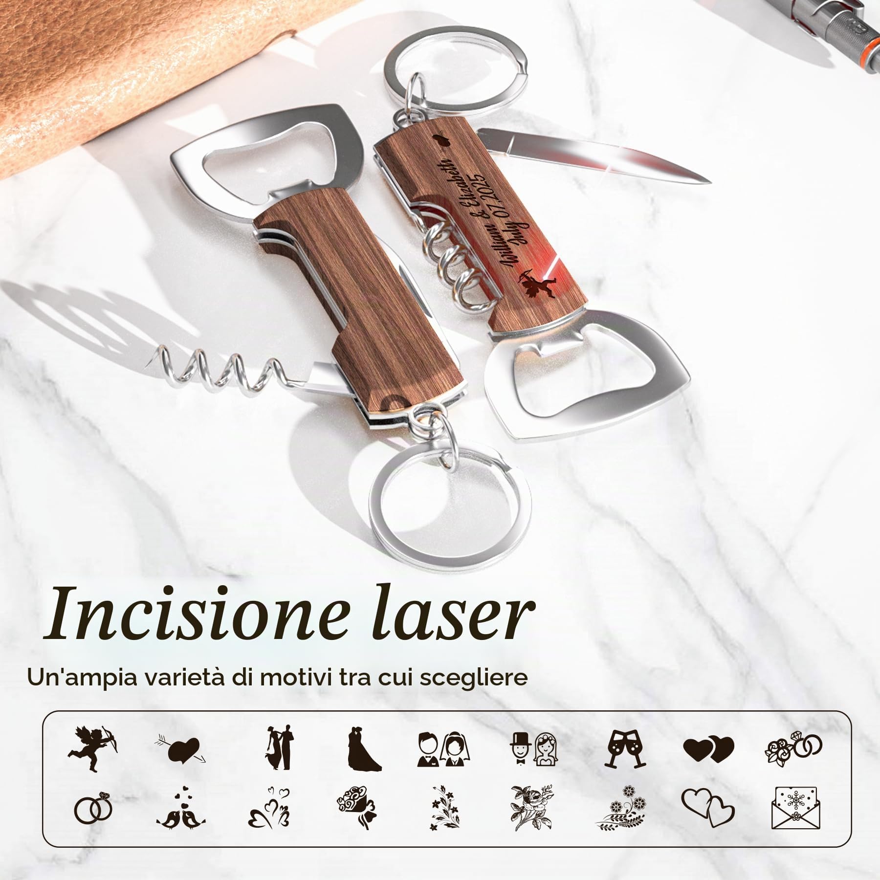 60 Pezzi Apri Bottiglie in Palissandro Personalizzato Multifunzionale, Bomboniere Regalo per Matrimoni e Feste di Compleanno, Portachiavi Apribottiglie Incisi per Ospiti