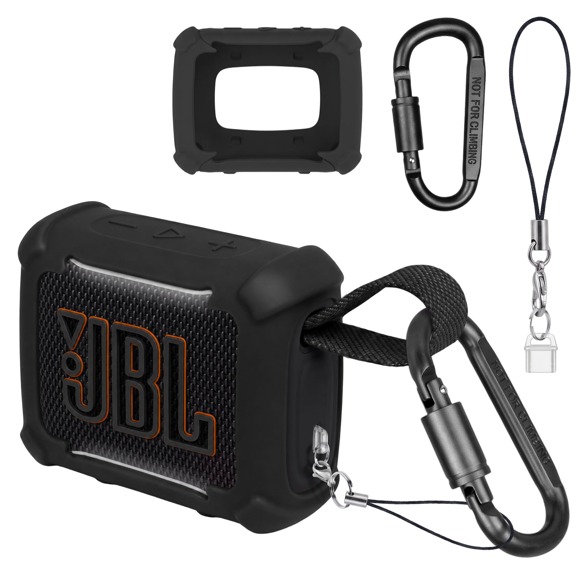 NEWZEROL Silikon Schutzhülle Kompatibel mit JBL Go 5 Bluetooth Lautsprecher, 4-Ecken Stoßfest mit Karabiner und Lanyard Staubstopfen, Leicht, Anti-Drop Schwarz