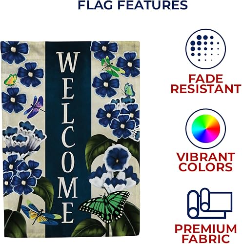 Miniatura 5 de Bandera de jardín de América para siempre, flores de bienvenida azules, 12.5 x 18 pulgadas, flores azules, mariposas, libélulas, decoración de