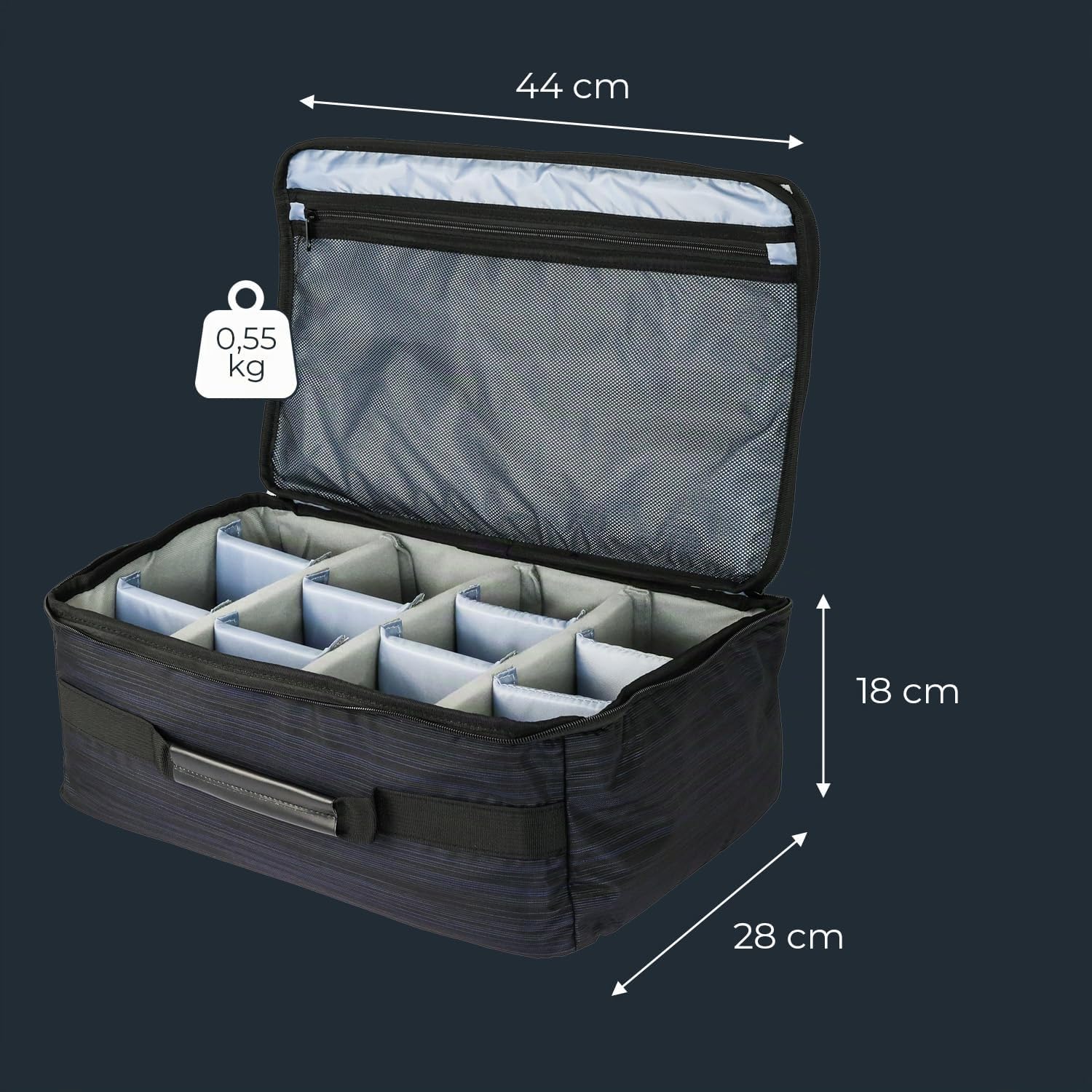 HMF Bolsa para cámara Grande, Bolsa fotográfica Acolchada con Compartimentos de división Variable para DSLR/réflex y cámaras sin Espejo y Accesorios fotográficos | 44 x 28 x 18 cm | Negro