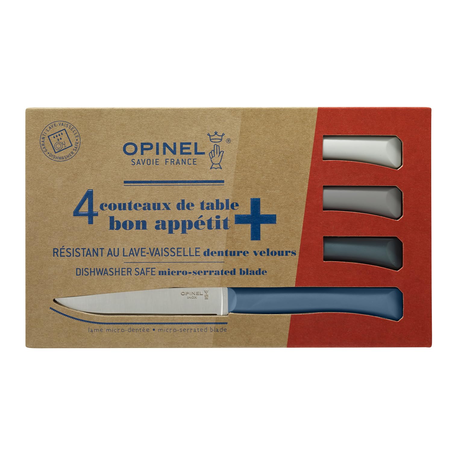 OPINEL - Set di 4 Coltelli da Tavola Bon Appétit + Tempête - Lama a Dente di Sable in Acciaio Inossidabile - Manico Confortevole - Fabbricazione in Francia - Blu Anatra/Antracite/Salvia/Nube