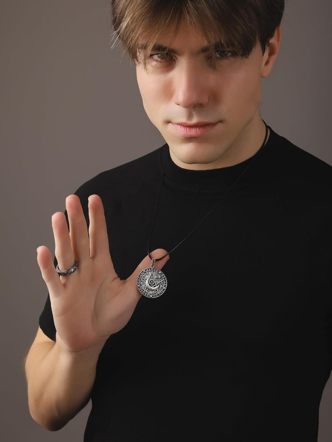 HAQUIL Wiccan Pentagram Crescent Moon Necklace, Faux Leather Cord, Pagan Jewelry Gift for Men and Women - Image 6