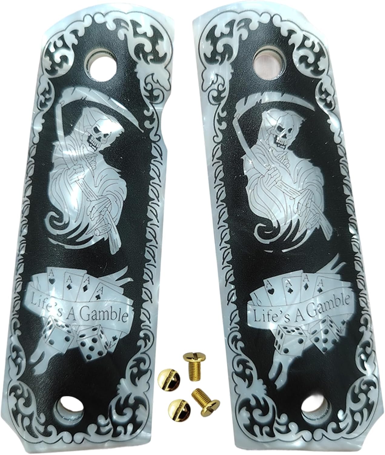 1911 Grips Full Size,Magwell Cut, Smooth Classic, Unique Designs La Santa Muerte,Fits Government Commander Models
