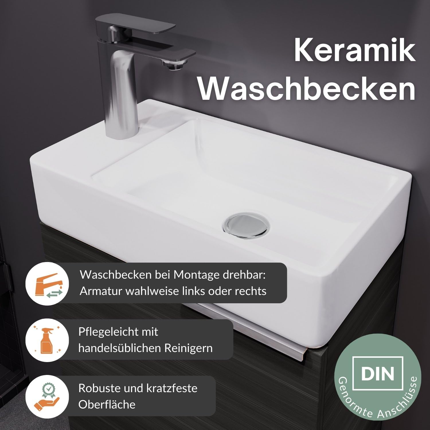 Planetmöbel Waschtisch mit Unterschrank 40 cm, Gäste-WC & Bad | Badmöbel Set für kleine Bäder, Keramik Waschbecken, Waschtischunterschrank für Badezimmer, Gäste-Bad & WC, anthrazit