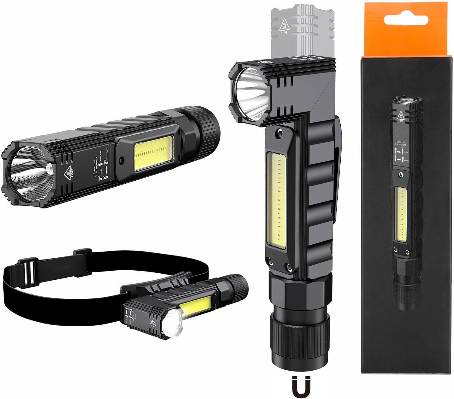 SuperFire Magnetic 90° Rotating Flashlight - Rechargeable Mini Torch, 5 Modes IPX4 Splash-Proof, Clip-on Camping Light for Hiking, Night Running, Dog Walking & Emergency Work