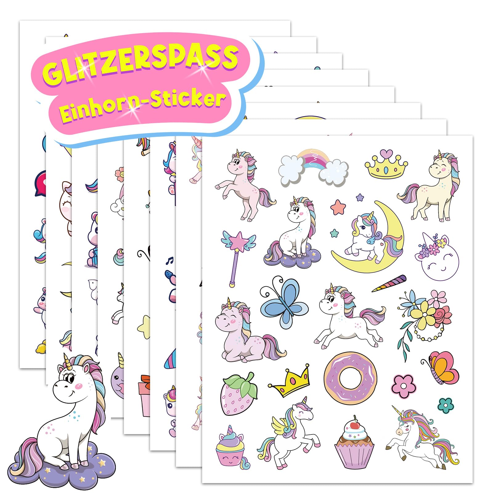 Einhorn Glitzersticker Über 160 Stück, Glitzer Sticker, Einhorn Geschenk für Mädchen Einschulung, Schultüte Füllung