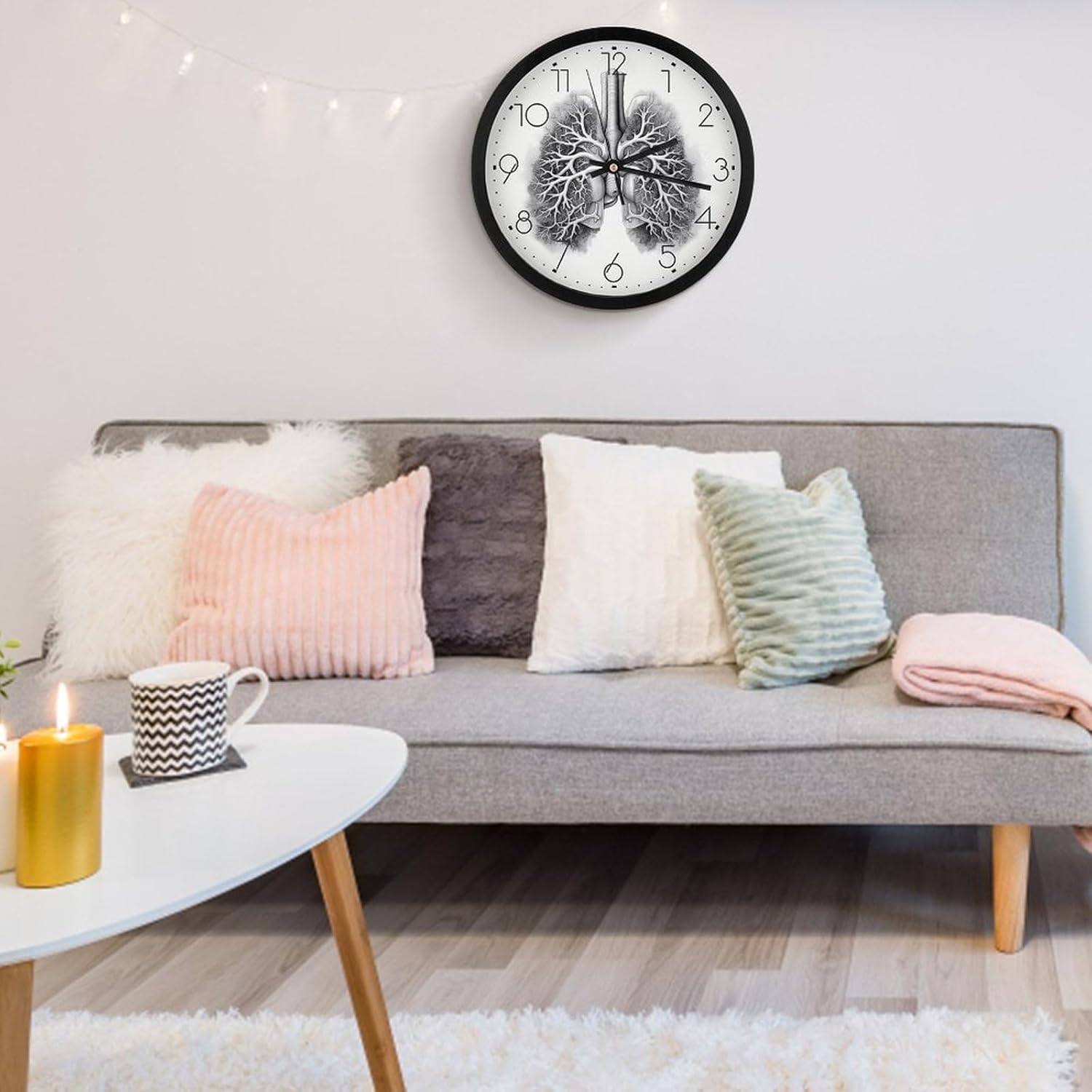 Round Wall Clock Fashionable Wall Clock Lungs Vector Image Bedroom Clock Non-Ticking Wall Clocks Decorative Wall Clock for Home Office Living Room Black