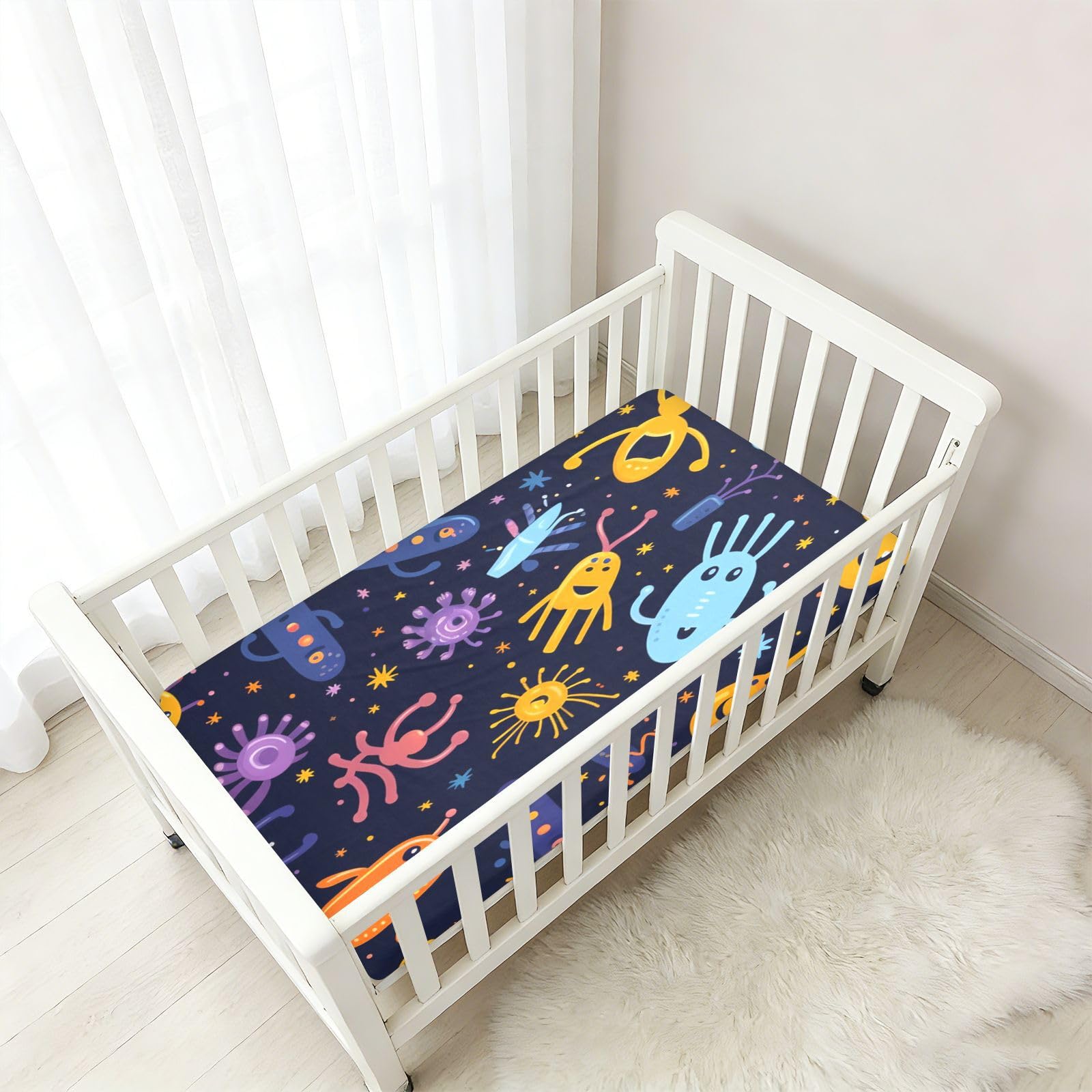 Lindo Dibujos Animados Estrellas Alien Sábana de Cuna para Niños Pequeños,Sábanas de Algodón Suave para Bebés Aptas para Colchón Corralito