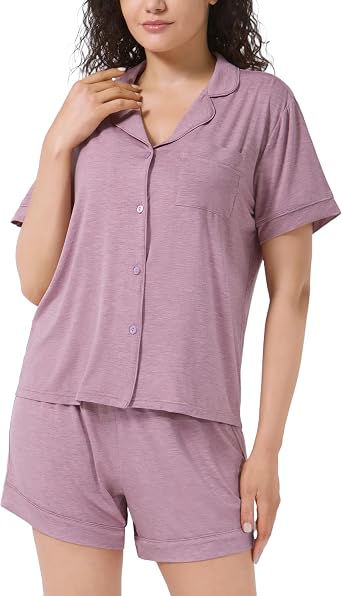 Bamboo Rayon Pajama Sets for Women, 2 Piece Short Sleeve Button Down Pjs, Soft Summer Cooling Sleepwear
