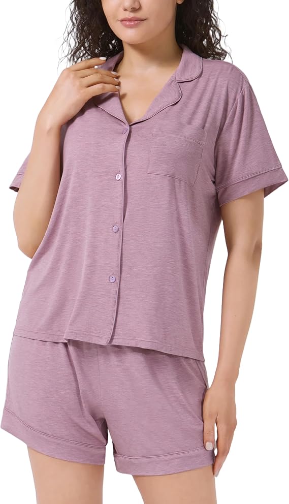 Bamboo Rayon Pajama Sets for Women, 2 Piece Short Sleeve Button Down Pjs, Soft Summer Cooling Sleepwear