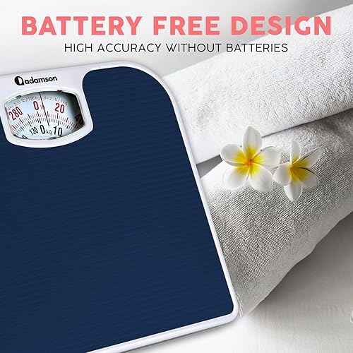 Miniatura 5 de Adamson Báscula analógica A21 para peso corporal, hasta 300 libras, superficie de goma antideslizante + números grandes, báscula de baño analógica,